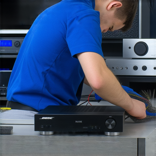 專業技術人員正在維修Bose T1音訊處理器、電視和Yamaha音響裝置，展現維修服務的專業性和可靠性，幫助設備恢復最佳性能，讓您的音效重獲新生。