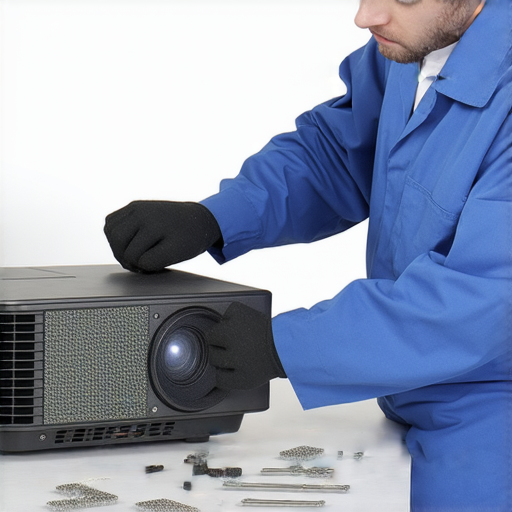 專業技術人員正在維修DLP投影機，解決投影影像花屏問題，確保用戶重獲清晰影像和高品質投影效果，提供全面的維修服務。