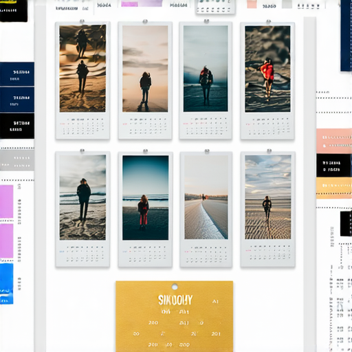 自製相片年曆的設計示範，展示多種創意風格的曆日曆，包含色彩鮮豔的照片與清晰的日期標示，各種分享技巧和DIY材料的搭配，創造獨特的個人化曆日曆。
