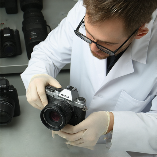 Leica 相機維修服務的專業技術人員正在仔細檢查一台相機，展示修復過程。維修後的相機讓攝影夢想重新煥發光彩，立即咨詢專業服務。