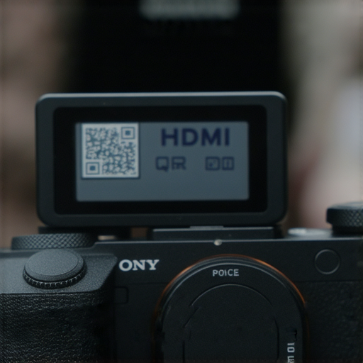 Sony相機展示HDMI輸出端口，QR碼掃描示範，攝影師在拍攝過程中使用各種技巧，背景為專業維修服務的標誌，強調高效拍片和維修的重要性。