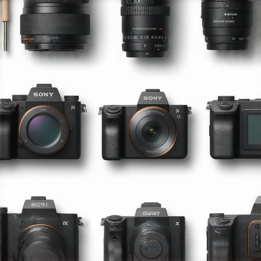 索尼相機比拼展示，各款相機並排對比，突出性能與特色，背景顯示維修工具，強調攝影技巧與維修秘訣，探討哪款才是攝影神機的最佳選擇。