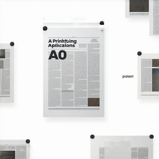 A3與A0紙張尺寸的印刷應用示意圖，展示各種印刷作品，例如海報、圖表及大型藝術品，同時強調A4紙張的多樣用途，如文檔、信件及便條紙，適合辦公及學校使用。