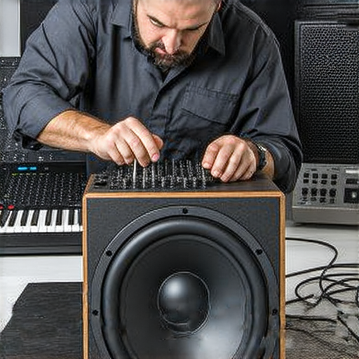 修復低音箱服務圖片，展示專業技術人員正在維修低音箱，恢復沉浸感的音效，為音樂愛好者提供完美的低音體驗，解決低音問題的方法與過程。