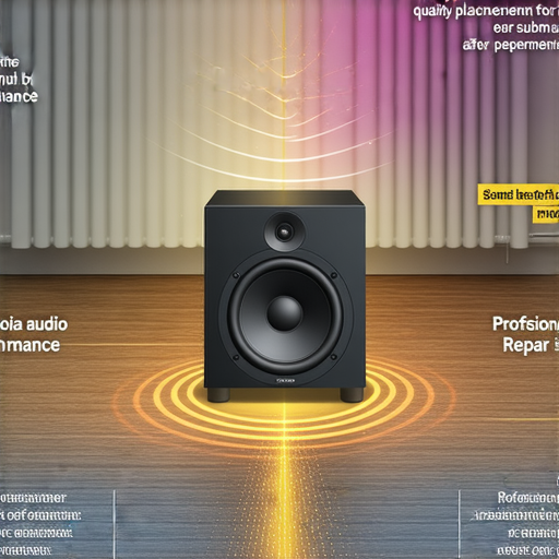 低音炮最佳位置示意圖，展示如何擺放以達到最震撼的音效，並強調音響效果的重要性，以及我們的專業維修服務。