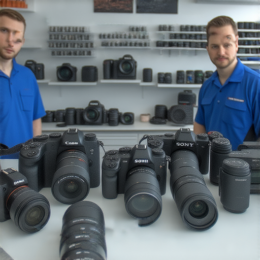 Canon、Nikon、Sony三種品牌相機維修服務的專業技術人員正在檢查相機，提供可靠的維修建議，展現優質的維修流程和技術，幫助用戶選擇最佳的相機維修選項。