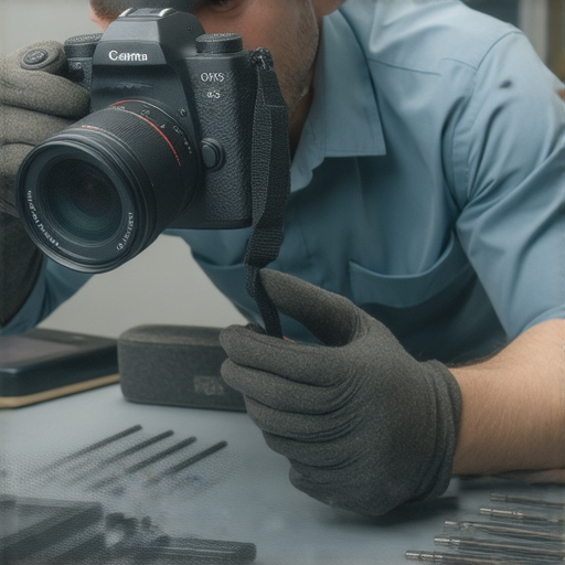 OIS相機維修服務專業技術人員正在檢查相機，展示維修過程及設備，旨在提升拍攝品質，幫助攝影愛好者解鎖相機性能秘密，讓拍攝體驗更上一層樓。
