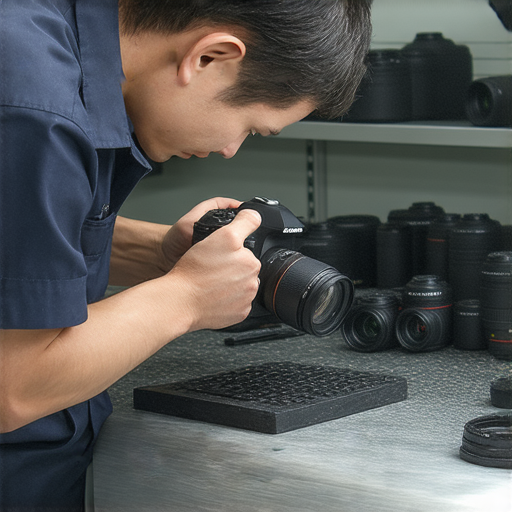 故障相機在維修中心，專業技術人員檢查設備，保持專注，重拾攝影樂趣，讓您的相機再現美麗影像，完美捕捉每個瞬間，處理故障問題，提升拍攝體驗。