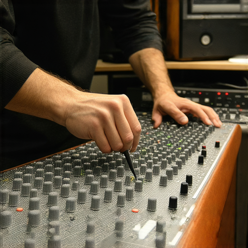 音響設備維修服務專業技師專注檢查音響故障，旨在恢復完美音質，顯示工具和設備，強調專業與精湛技術，讓音響愛好者重享音樂魅力。