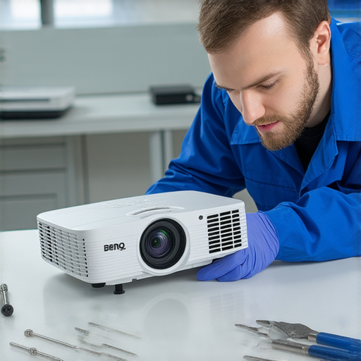 讓BenQ投影機重生的LED燈泡更換和專業維修服務的圖片，展示經驗豐富的技術人員在進行維修，持有新燈泡，專業工具清晰可見。