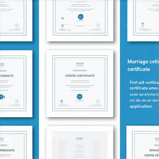 多種證書範本介紹，涵蓋數碼證書、結婚證書及急救證書的申請指南，幫助用戶了解各種證書的特點與申請流程，提供清晰的視覺參考。