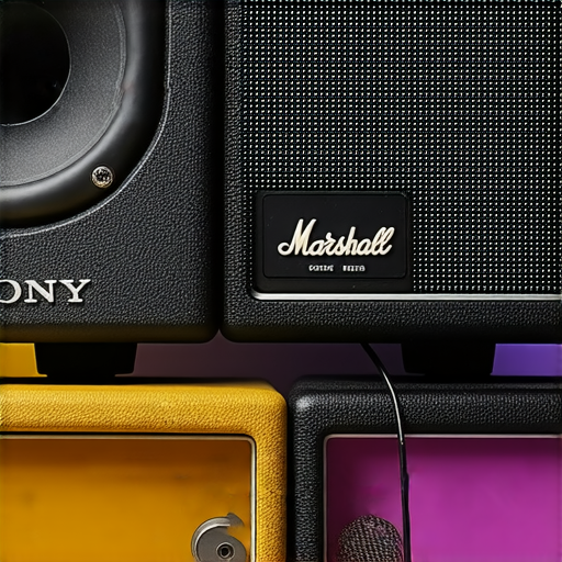 Sony音響與Marshall音響的比較，展示兩款音響的設計特點，並強調專業維修服務，協助升級音質的能力，突出音質之王的競爭。