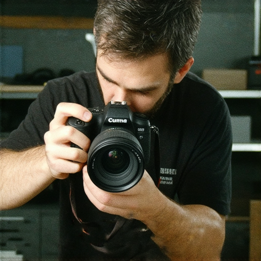 一位攝影師檢查相機故障，手中拿著工具，背景是維修設備，畫面傳遞維修秘訣的概念，讓每一張照片重現精彩，關鍵字包括相機、維修、攝影。