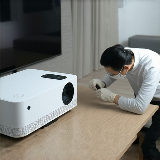 小米智能投影機2展示全景，背景是一位技術專家進行專業維修，強調服務品質及隱藏功能，吸引用戶了解更多維修服務及產品細節。