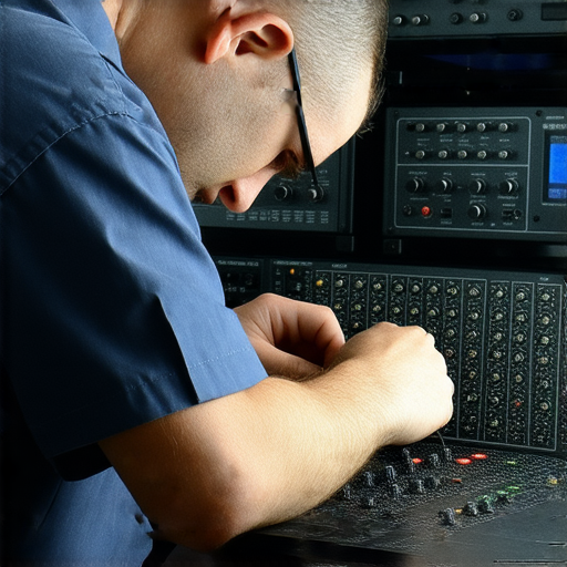 專業技術人員檢查EQ音響設備，解決聲音失真問題，提供專業維修服務，幫助客戶重拾完美音質，提升音樂享受，並確保設備正常運作。