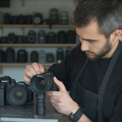 8K攝影機、8mm攝影機、BB攝影機的維修專業服務，展示修復過程，技術人員使用專業工具，對攝影設備進行細緻檢查與調整，確保最佳性能與畫質提升。