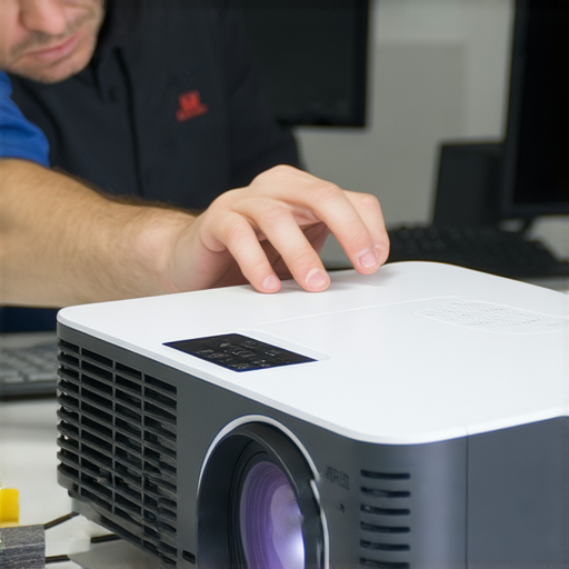 投影機LCD與LED LCD修復過程的專業維修服務，顯示技術專家正在調整投影機，讓影像重焕生機，提升影像品質與色彩鮮豔度。