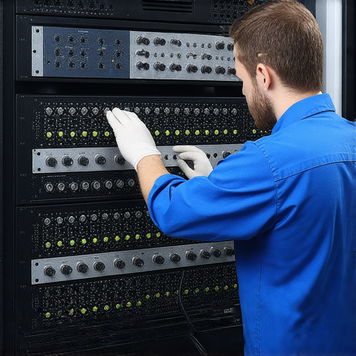 一個專業的技術人員正在檢查HiFi音響架，確保其正常運行，背景有高品質音響設備，展現音響維修服務的專業性和可靠性，幫助用戶恢復清晰的音質。