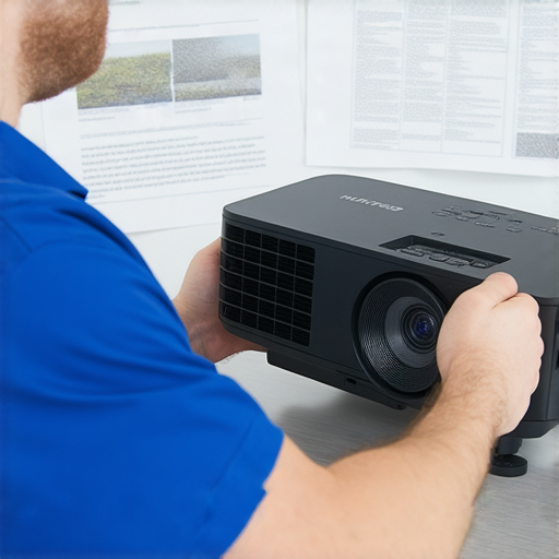 LG HU715Q投影機故障診斷專業維修服務圖像，展示技術人員正檢查投影機，提供詳細故障解析及修理步驟，強調我們的專業維修能力及客戶滿意度。