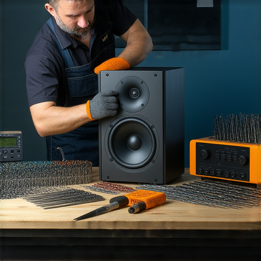 Roger 喇叭維修專業技術人員正在進行修復，展現高品質工具和設備，旨在重拾音質巔峰，讓音樂愛好者享受完美音效。