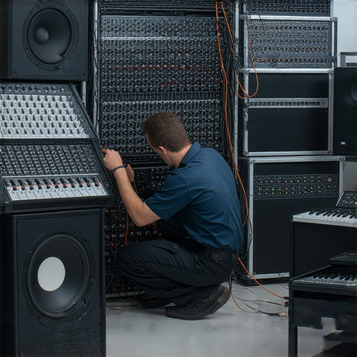 專業音響接駁維修服務的圖片，展示技術人員操作音響設備，提升音樂體驗。尋求解決方案讓您的音響連接更順暢，享受高品質的音樂音效。