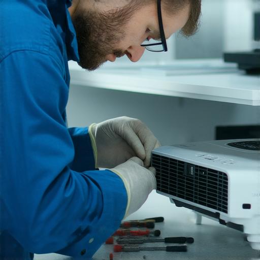 專業維修服務圖片，展示技術人員正在檢查投影機，確保影像品質。讓您的投影機恢復最佳狀態，重現美好瞬間，體驗最佳視覺享受。
