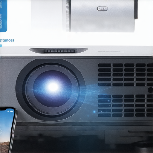 投影機的特寫圖，展示其內部結構與連接接口，背景中有手機連接投影機的示範，突顯投影機的功能與維修服務的標誌，揭示投影機的特性與使用方法。