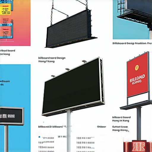 廣告牌設計與製作在香港的價格及類型全解析圖示，展示多款廣告牌設計範例，包括LED廣告牌、懸掛式廣告牌和戶外宣傳板，清晰呈現不同類型的廣告效果及價格信息。