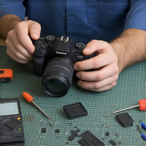 相機DC與TR故障維修技巧介紹，專業維修人員正在操作相機，展示工具及維修過程，幫助用戶了解故障排除及保養知識。