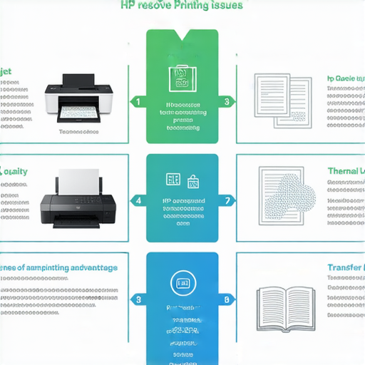 解決HP印刷無法打印問題的步驟示意圖，展示各類印刷技術與解決方案，包括噴墨、雷射及熱轉印等技術的特點與優缺點，幫助用戶選擇合適的印刷方式。