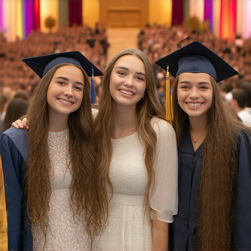 自製畢業紀念冊服務展示，學生們在畢業典禮上微笑合影，背景是裝飾華麗的畢業典禮場地，象徵珍藏青春的每一個難忘回憶