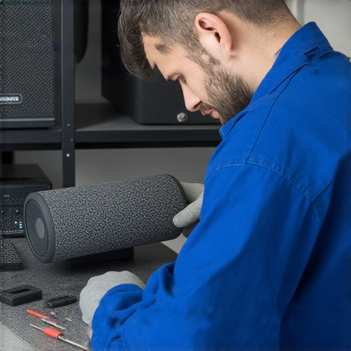 專業技術人員正在維修藍牙音箱，確保音質恢復到最佳狀態，適合需要音響維修服務的用戶，讓您重拾高品質音樂享受。