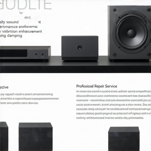 提升音響性能的避震裝置展示，強調其省錢且完美的特性，專業維修服務的標誌，背景為高品質音響設備，吸引對音響優化有需求的消費者注意。