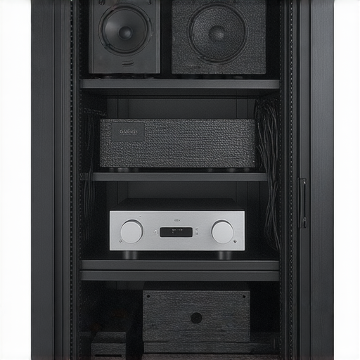 音響櫃內部結構展示，顯示擺放音響設備的擺位和維護技巧，強調音響櫃的重要性，提升音響發揮的潛能，以及提供專業維修服務的信息。