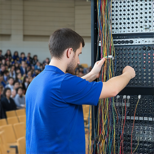 學校音響設備故障維修專業服務，技術人員正在檢查音響系統，探索音響工程的秘密，確保設備運作正常，提供優質音效，提升學校活動效果。
