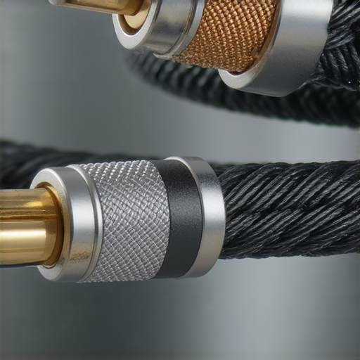 音響線材的特寫照片，展示其精美設計和高品質材料，強調如何透過優化線材來提升音質，並介紹專業的維修服務以維持最佳音效表現。