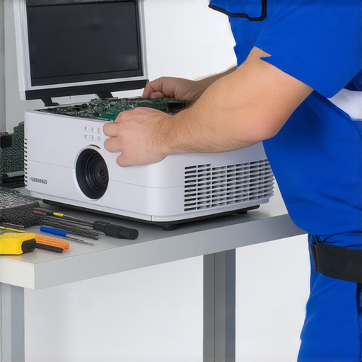 專業投影機維修服務示範，技術人員正在修理投影機，設備與工具整齊可見，讓投影機故障不再成為難題，立即了解專業維修的技巧與服務。