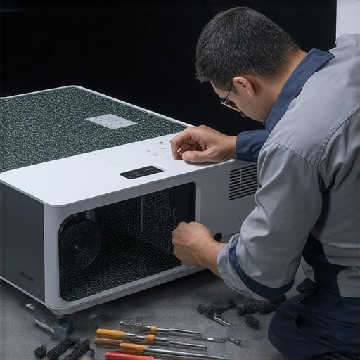 家用4K投影機故障維修技巧，技術人員正在檢查投影機內部零件，提供有效解決方案，幫助用戶重獲清晰影像，提升家庭影院體驗。
