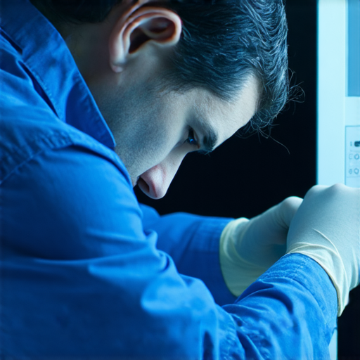 4K流明LED投影機的維修專家專注於檢查機器，揭示其性能秘密，背景展示高清顯示效果，幫助用戶了解投影機的優勢與維護技巧。