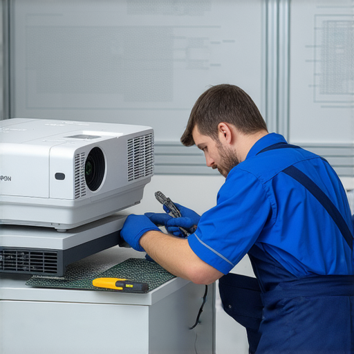 EPSON投影機故障維修專業服務，技術人員正在檢查投影機，提供全方位解決方案，歡迎來電諮詢，確保您的設備可靠運行。