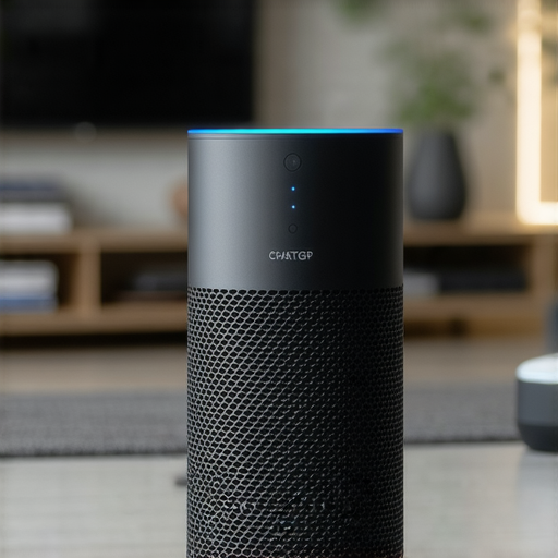 智能音響升級的畫面，CHATGPT技術提升音響體驗與維修服務，展示先進功能和現代家庭科技的結合，讓生活更加智能方便。