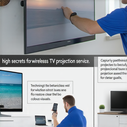 電視無線投影故障的維修秘訣圖示，顯示專業技術人員在調整投影設備，幫助用戶重拾清晰畫面，展現專業維修過程，讓影像質量回到巔峰。