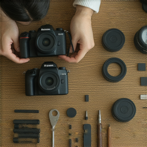 數碼和菲林相機修理專業服務，技術人員正在檢查一台相機，工具和零件陳列整齊，展現修理過程，讓你的回憶重現，提供高品質服務，恢復珍貴影像。