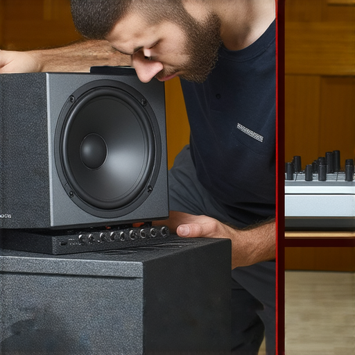 喇叭環繞音效系統專業維修過程，技術人員調整設備以提升音質，展現維修後的音響效果，讓音樂體驗更臻完美。