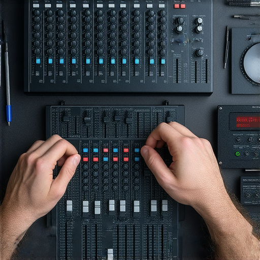 一名專業技術人員正在調整音響設備，展示從MAX音量到靜默的調整過程，背景有音樂設備與工具，強調我們的音響維修服務，讓音樂隨心而動。