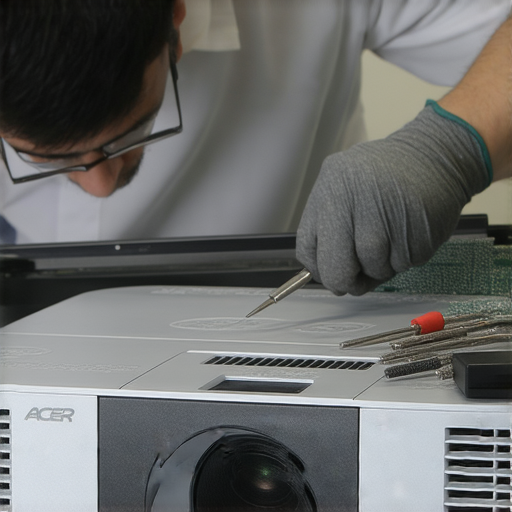 Acer投影機故障維修過程，專業技術人員檢查設備，提升影像品質，確保投影清晰度和色彩真實性，展示維修秘訣及工具。