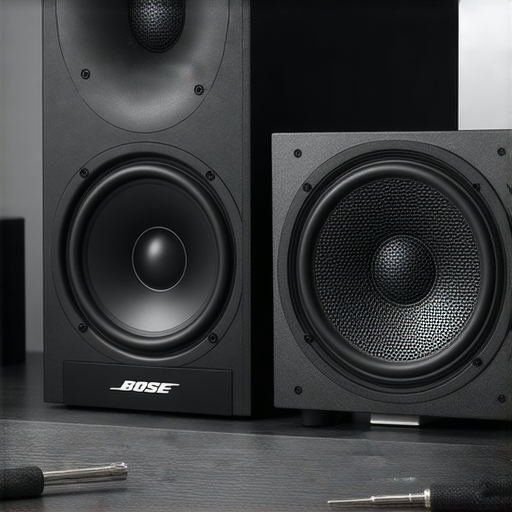 Bose音響調校過程中的專業維修服務，技術人員專注於音質升級，展示Bose音響設備及相關工具，揭示完美設定的祕密，加強音樂體驗的專業方式。