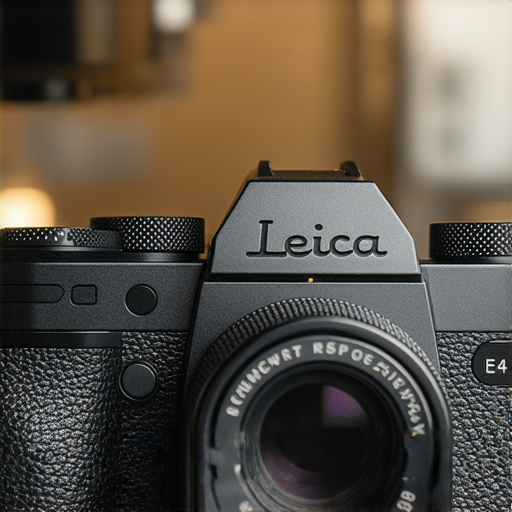 Leica E43相機特寫，展示其精美設計及細節，後方背景為技術專業人員進行維修服務，強調我們的專業維修服務帶來的潛力與價值。