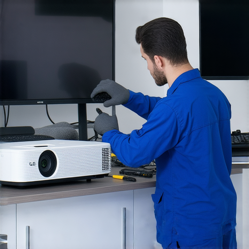 LG 超短焦投影機專業維修服務的專家正在檢查設備，確保影像質量及性能提升，讓你的視聽享受升級，配合高效能的維修服務，彰顯卓越的技術與可靠性。