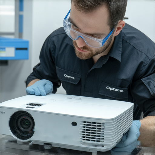 Optoma UHD566投影儀故障維修服務專業技術人員正在檢查設備，幫助用戶恢復高品質影像，讓影像效果重回巔峰，提升視覺享受。